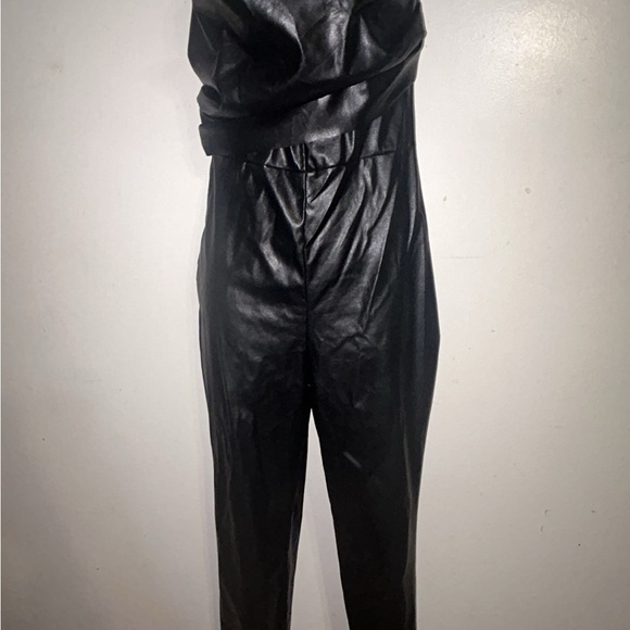 PU Leather Strapless Folds Back Zipper Jumpsuit - Picture 2 of 4